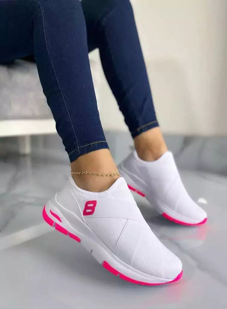 tenis estela cómodo bonito ideal para el día a día calzado  conforto duradero estilo casual versatil lindo estilo tropical blanco y rosa