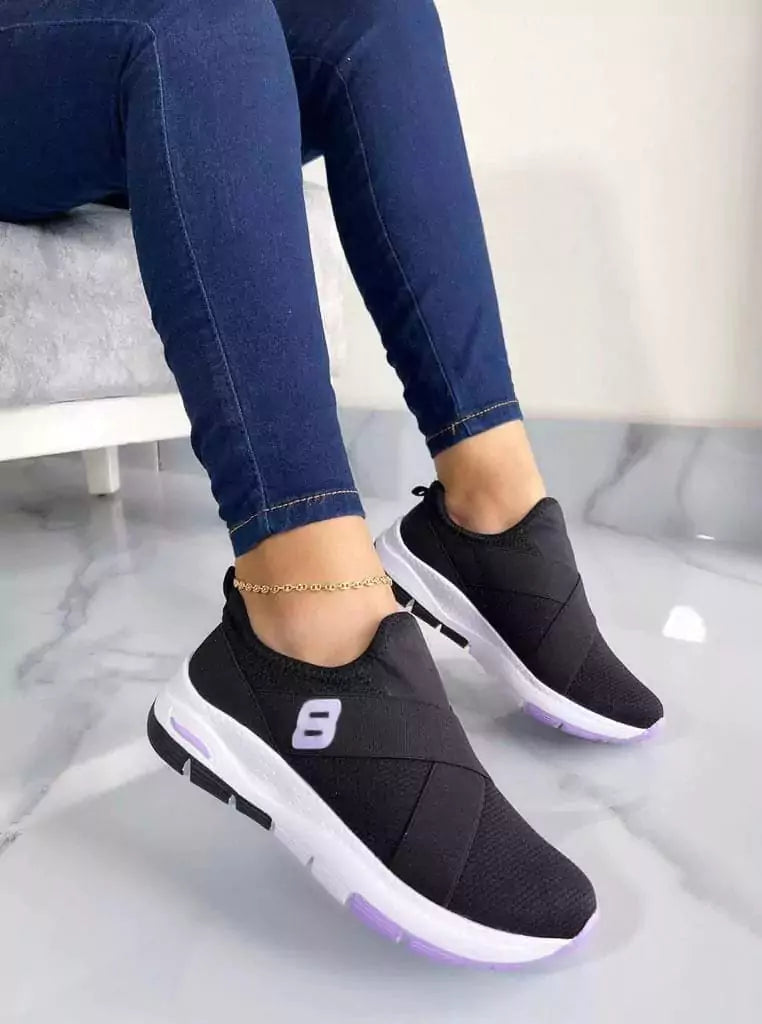 tenis estela cómodo bonito ideal para el día a día calzado  conforto duradero estilo casual versatil lindo estilo tropical negro y blanco